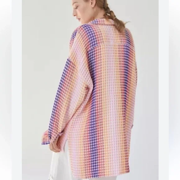 Urban Outfitters BDG S Rainbow Waffle Texture Button Up Shirt Jacket Oversized - Picture 2 of 10
